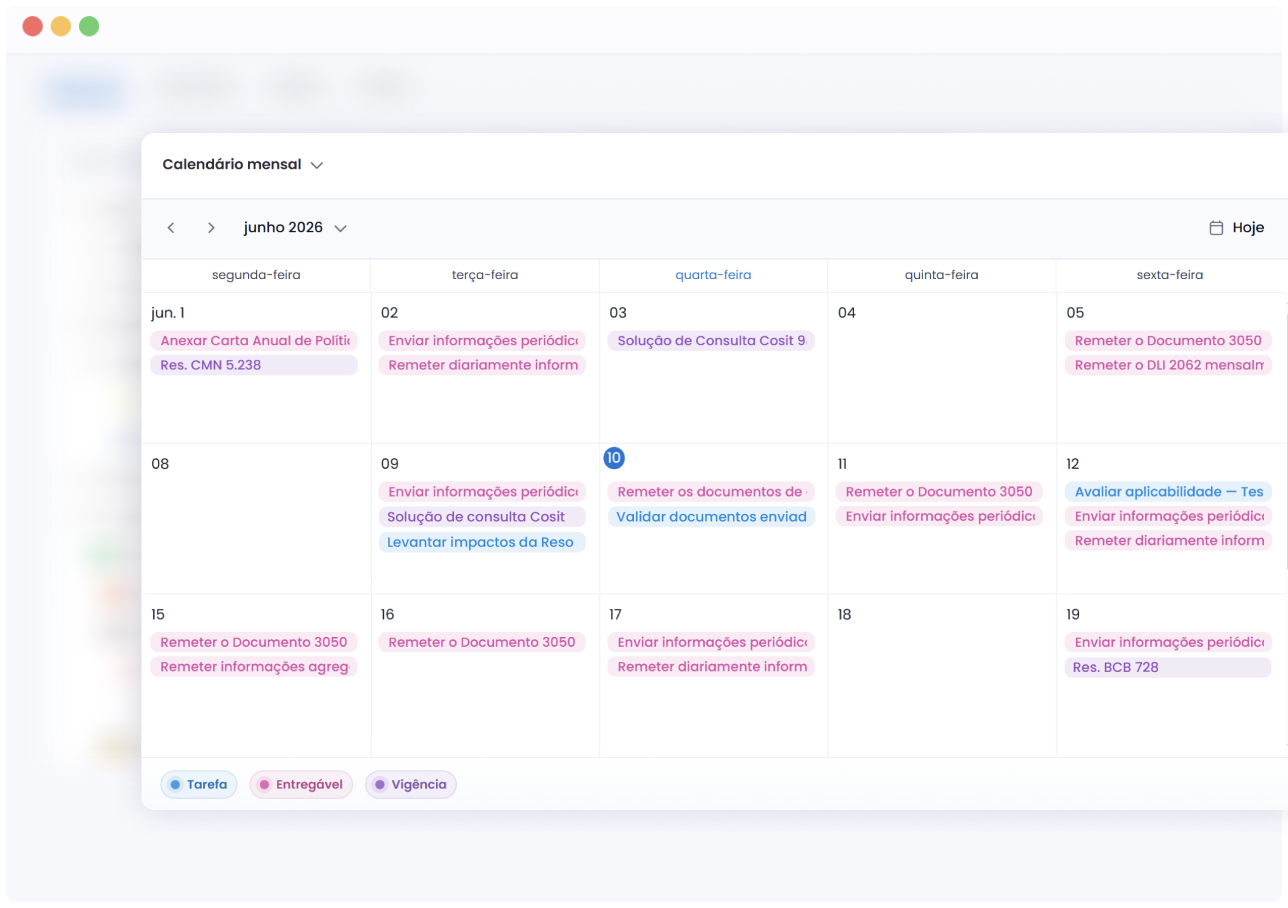 Preview do calendário regulatório no Compliance Hub