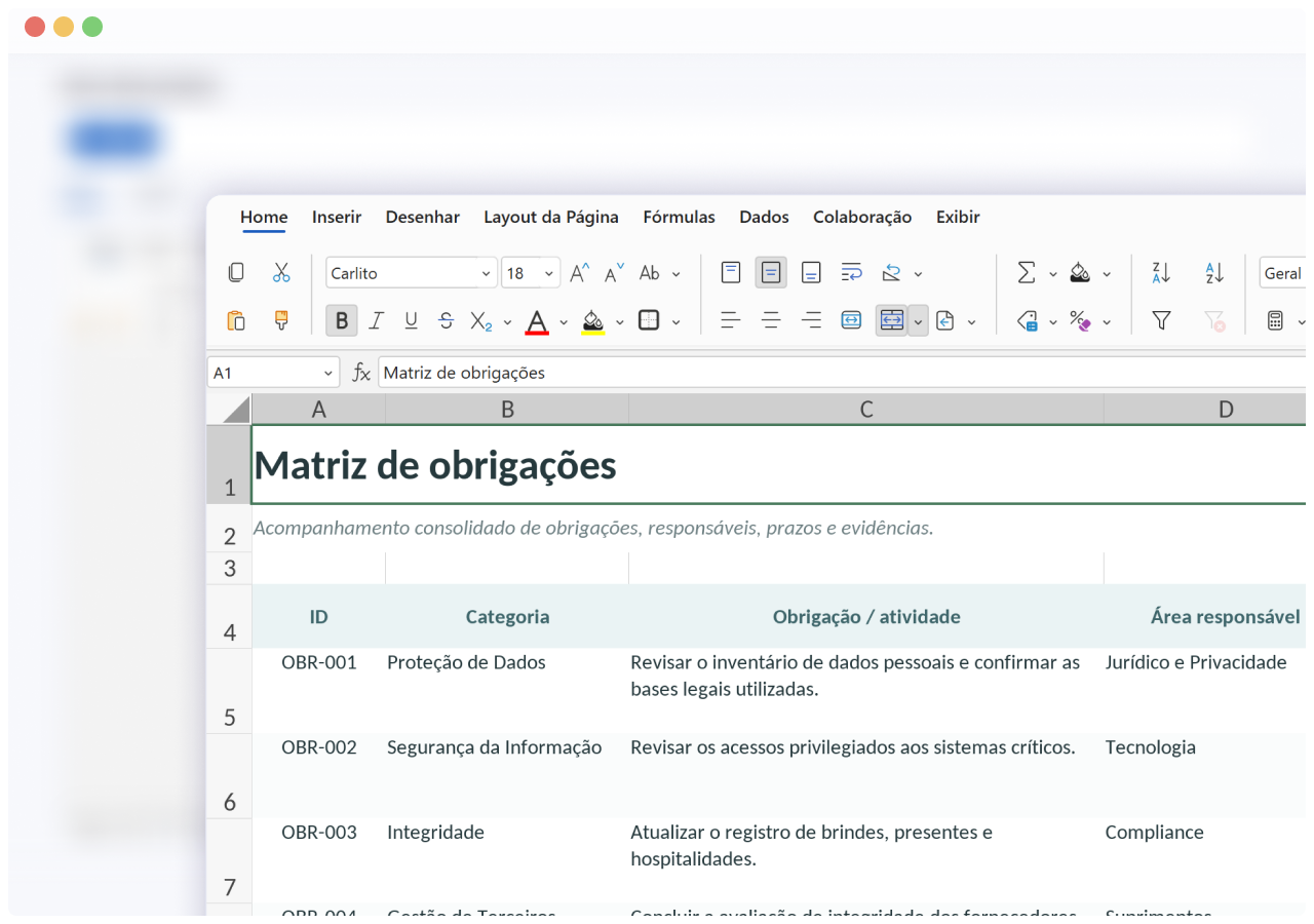 Planilha de matriz de obrigações aberta na plataforma Okai com interface semelhante ao Excel