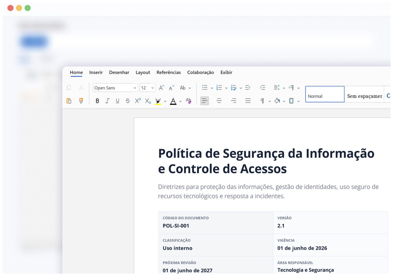 Documento de política interna sendo editado no Okai Docs com barra de ferramentas semelhante ao Word