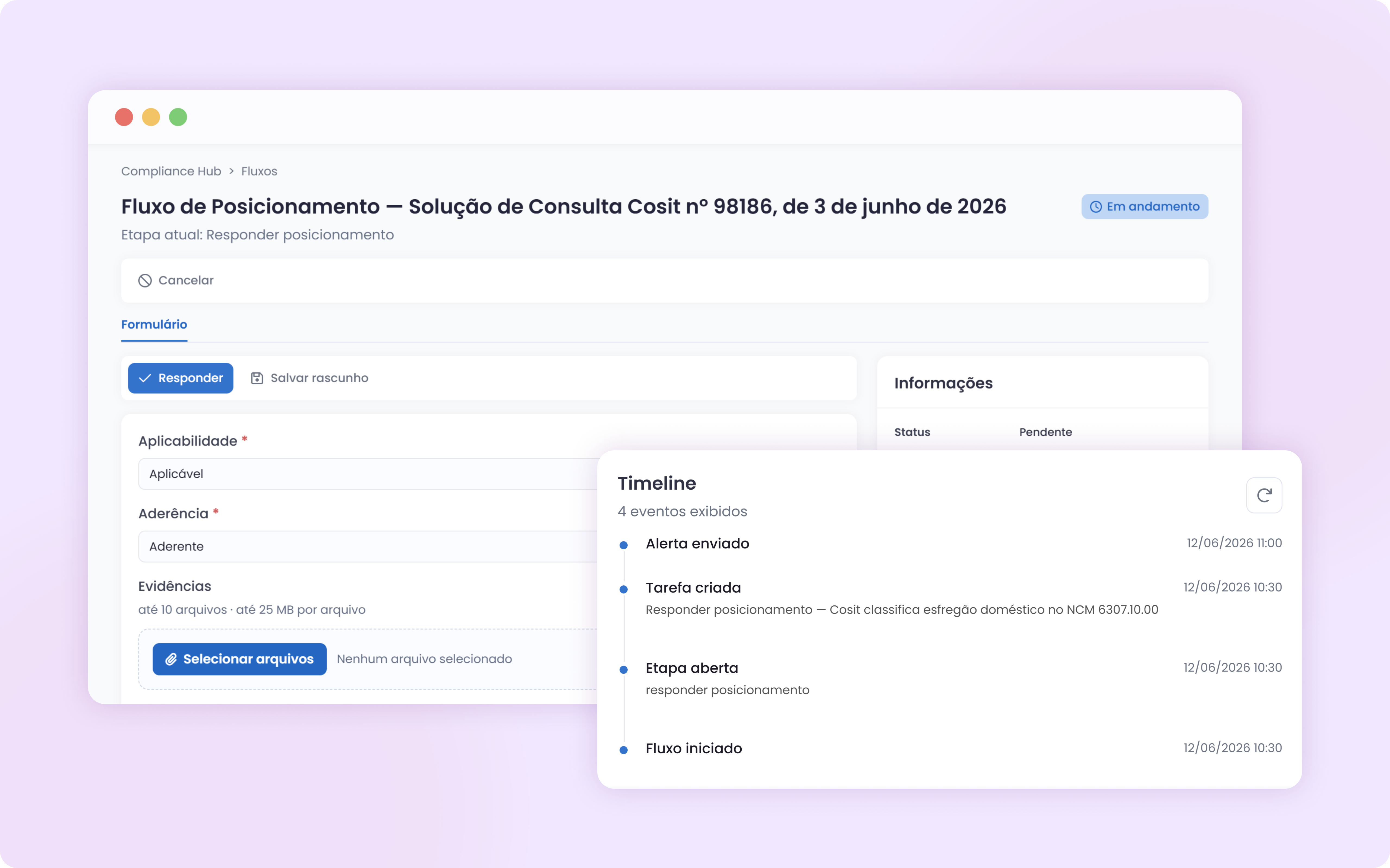 Histórico de projetos, tarefas e fluxos no Compliance Hub