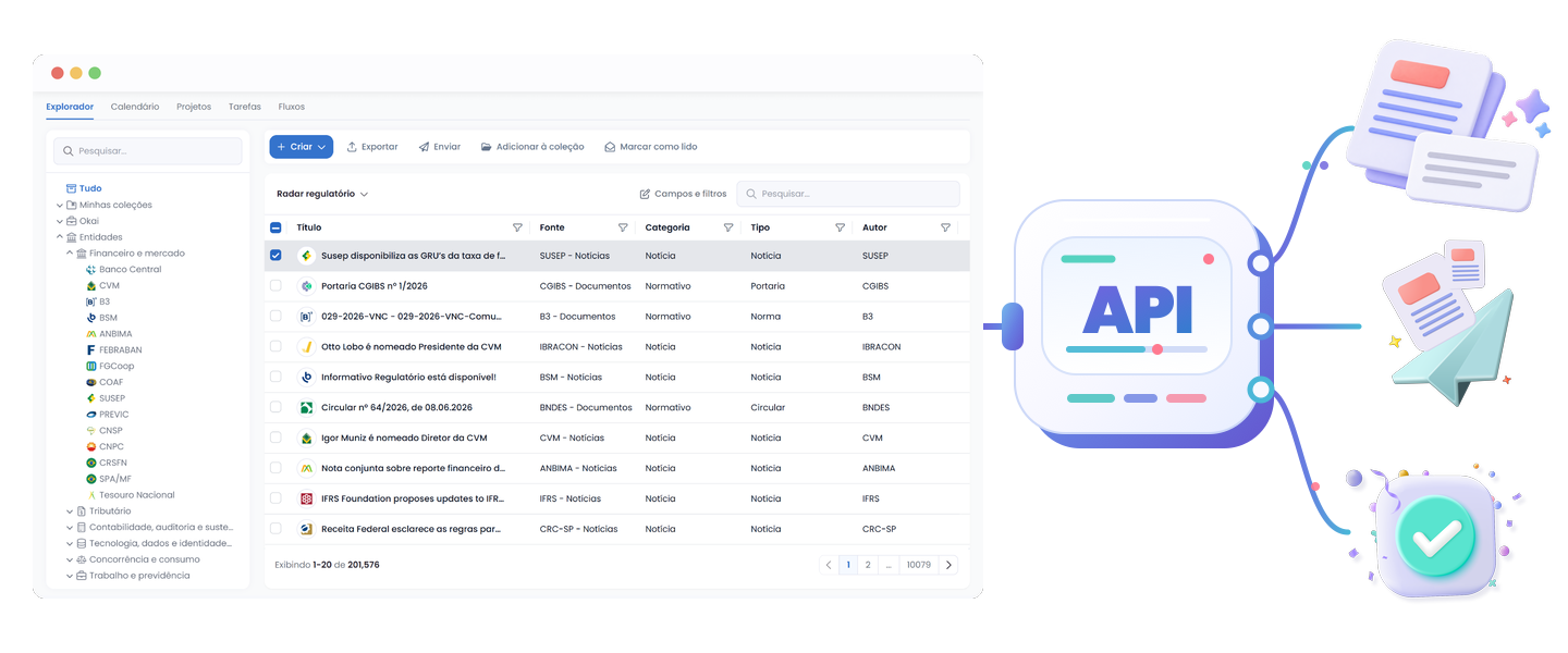 Explorador regulatório da Okai conectado pela API a banco de dados, código e eventos externos