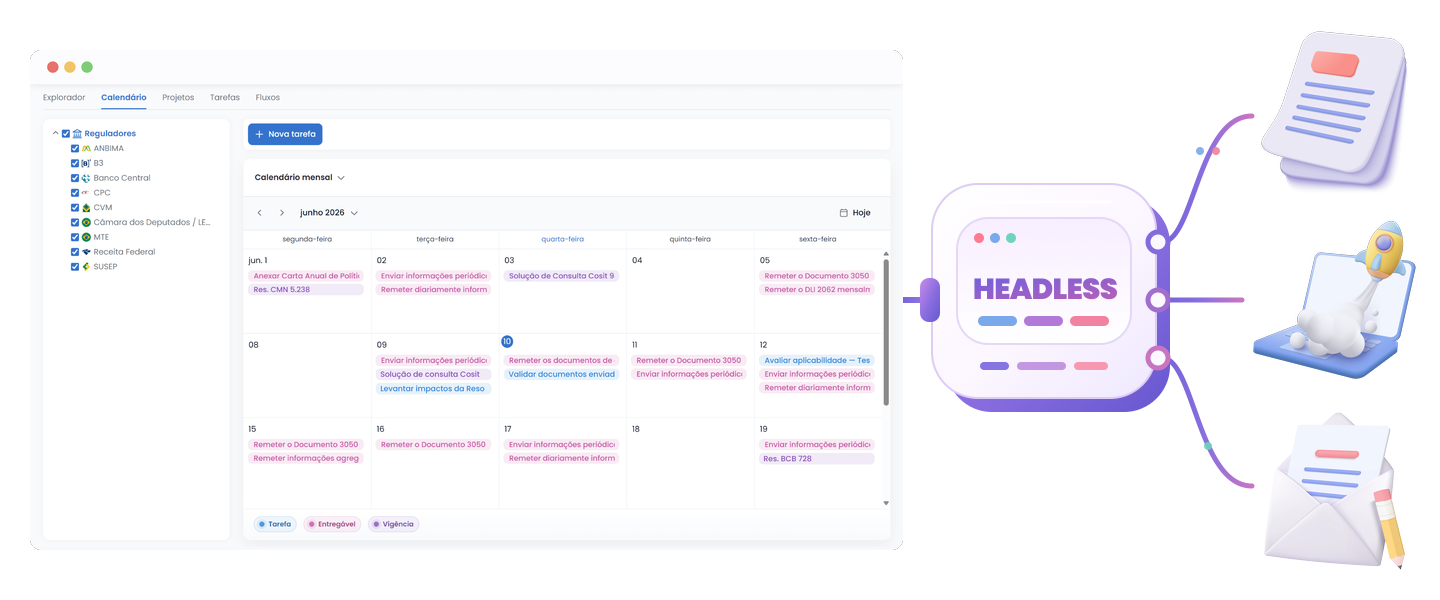 Calendário regulatório da Okai conectado a experiências web, mobile e conversacionais